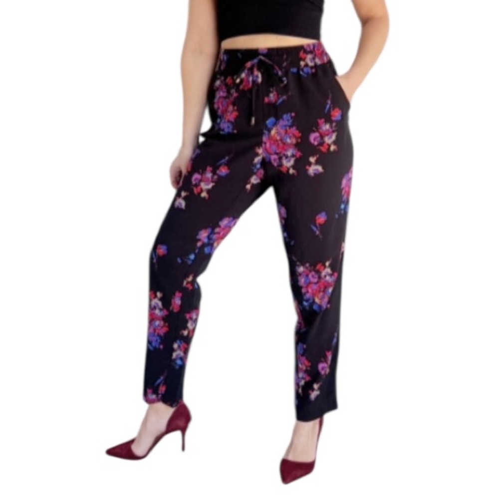 Coldwater Creek black pink floral high rise tapered ankle pants size medium